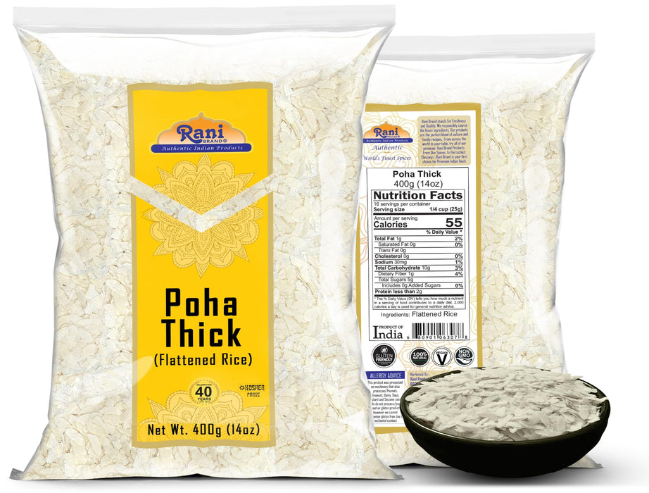 Rani Poha (Powa) Thick Medium-Cut (Flattened Rice) 14oz (400g) ~ All Natural, Salt-Free | Vegan | Kosher | No Colors | Gluten Friendly | Indian Origin