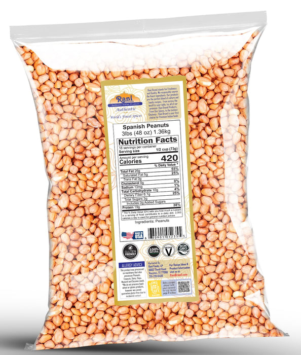 Rani Raw Spanish Peanuts 100% Natural with Skin (uncooked, unsalted) 48oz (3lbs) 1.36kg Bulk ~ Vegan | Gluten Friendly | Fresh Product of USA | Kosher | Red-brown Skin