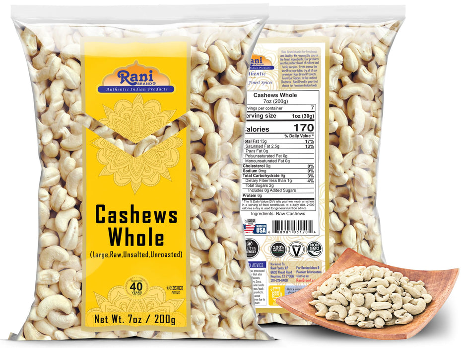Rani Raw Cashews Whole (uncooked, unsalted) 7oz (200g) ~ All Natural, No Preservatives | Vegan | NON-GMO | Kosher | Gluten Friendly