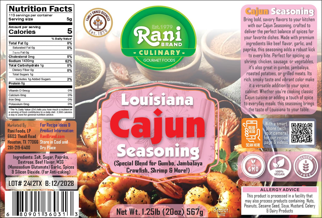 Rani Louisiana Cajun Seasoning (Special Blend for Gumbo, Jambalaya Crawfish, Shrimp) 20oz (1.25lbs) 567g PET Jar ~ All Natural | Gluten Friendly | NON-GMO | Kosher | Vegan | Indian Origin