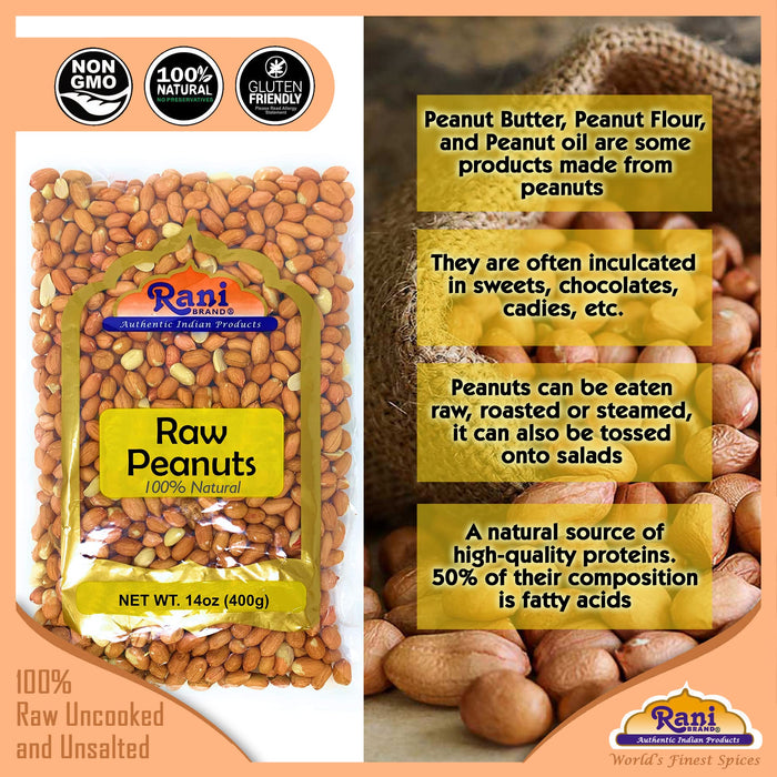 Rani Peanuts, Raw Whole With Skin (uncooked, unsalted) 14oz (400g) ~ All Natural | Vegan | Gluten Friendly | Kosher | Fresh Product of USA ~ Spanish Grade Groundnut / Red-skin