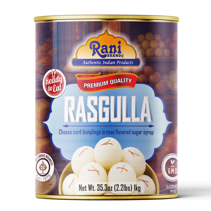 Rani Rasgulla (Cheese Curd Dumplings in Rose Flavor) 35.3oz (2.2lbs) 1kg Pack of 18, Approximately 14 pieces, Easy Open Lid ~ Ready to eat | Gluten Free | Non-GMO | Kosher | Indian Origin
