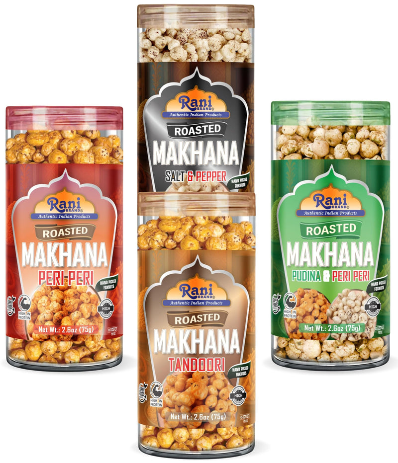 Roasted Makhana 4 in 1 Combo Set, Salt & Pepper, Peri Peri, Tandoori, (2in1) Pudina & Peri-Peri - 2.6oz (75g) Pack of 4 - Rani Brand Authentic Indian Products