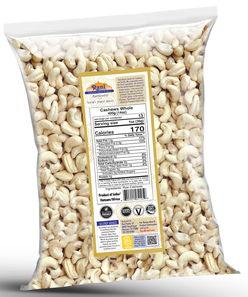 Rani Raw Cashews Whole (uncooked, unsalted) 14oz (400g) ~ All Natural, No Preservatives | Vegan | NON-GMO | Kosher | Gluten Friendly