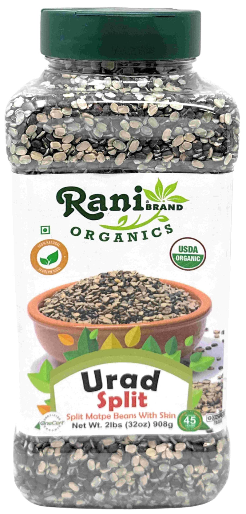 Rani Organic Urid/Urad Split Chilka (Split Matpe Beans with Skin) 32oz (2lbs) 908g PET Jar ~ All Natural | Gluten Friendly | Non-GMO | Kosher | Vegan | Indian Origin | USDA Certified Organic
