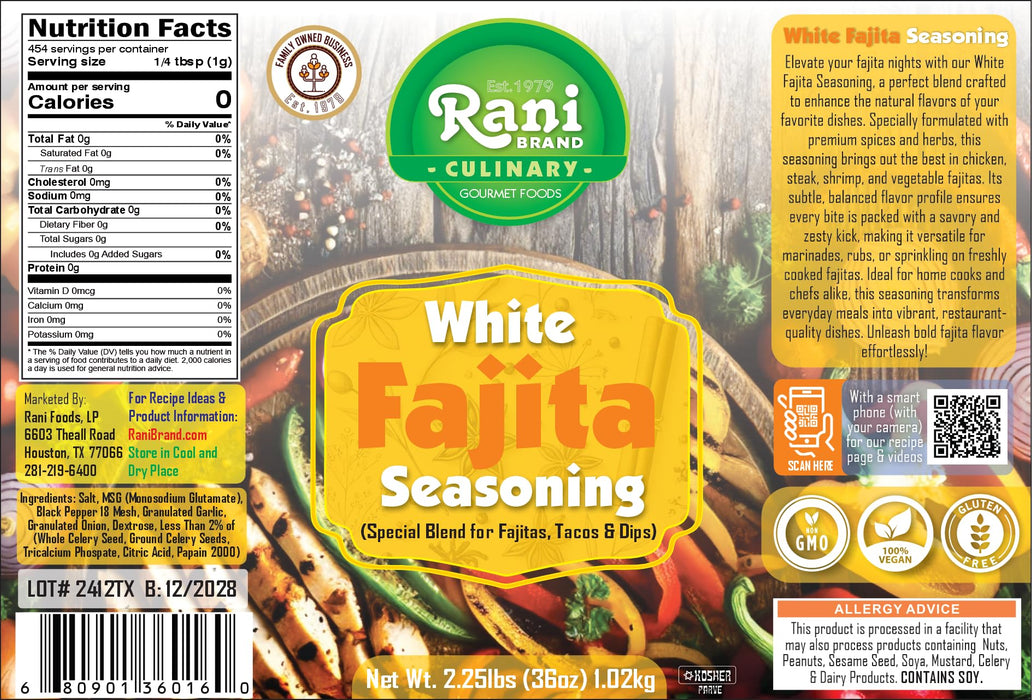 Rani White Fajita Seasoning (Special Blend for Fajitas, Tacos & Dips) 36oz (2.25lbs) 1.02kg PET Jar ~ All Natural | Gluten Friendly | NON-GMO | Kosher | Vegan | Indian Origin