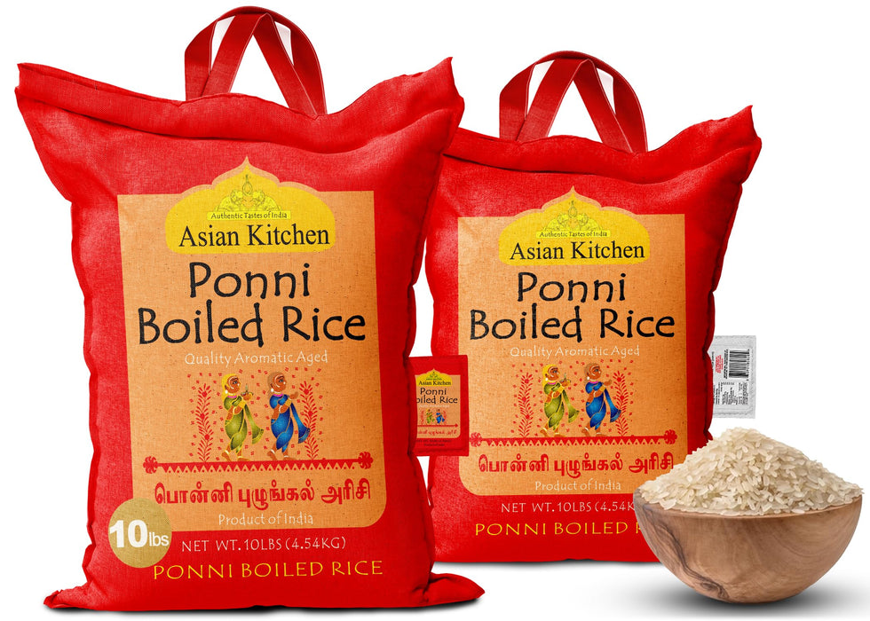Asian Kitchen Ponni Boiled Rice 10-Pound Bag, 10lbs (4.54kg) Short Grain Par Boiled Rice ~ Natural | Gluten Friendly | Vegan