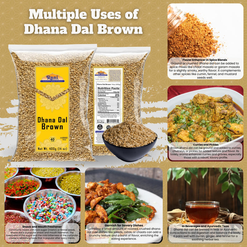 Rani Dhana Dal (Roasted Coriander Seeds) Brown 14oz (400g) ~ All Natural | Vegan | No Colors | Gluten Friendly | NON-GMO | Kosher | Indian Origin