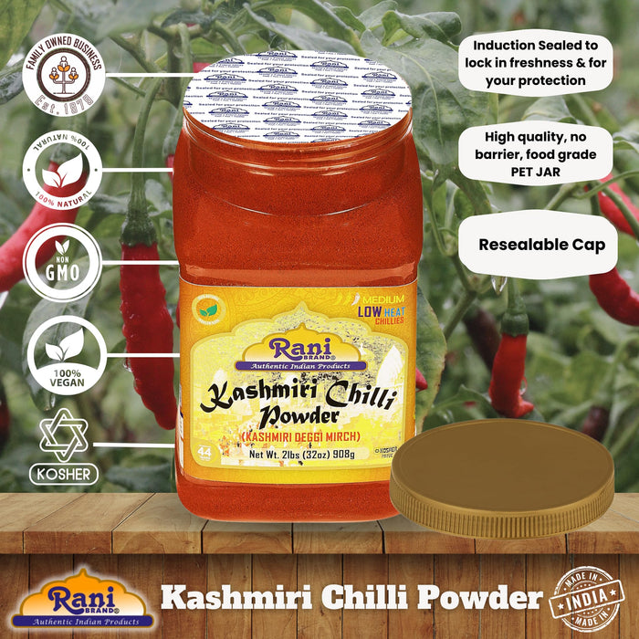 Rani Kashmiri Chilli Powder (Deggi Mirch, Low Heat) Ground Indian Spice 32oz (2lbs) 908g PET Jar ~ All Natural | Salt-Free | Vegan | Kosher | No Colors | Perfect for Deviled Eggs & Other Low Heat Dishes