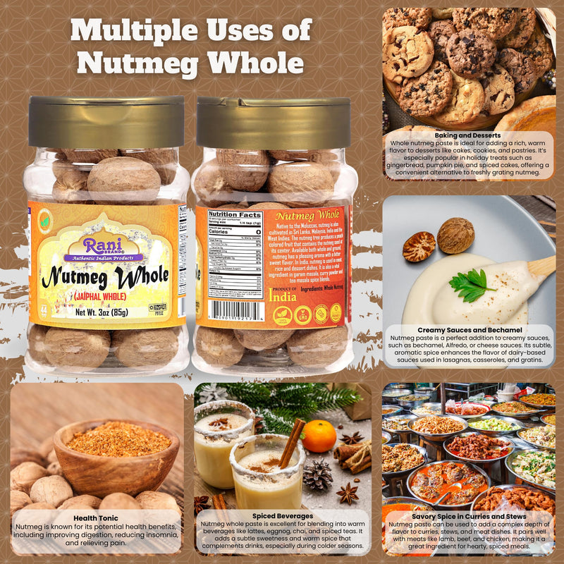 Rani Nutmeg (Jaiphul) Whole Spice, 17-19 Pieces, 3oz (85g) PET Jar ~ All Natural | Vegan | Gluten Friendly | NON-GMO | Kosher | Indian Origin