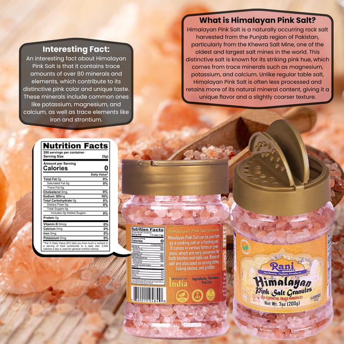 Rani Himalayan Pink Salt Granules (84 Essential Trace Minerals) 7oz (200g) PET Jar ~ All Natural | Vegan | Gluten Friendly | NON-GMO | Kosher | Indian Origin