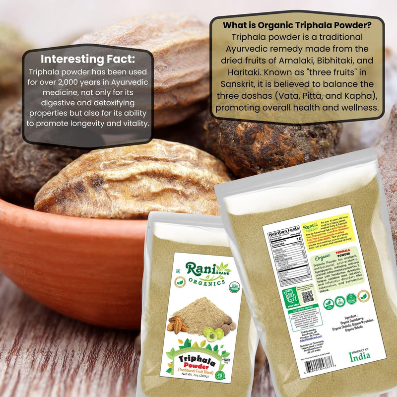 Rani Organic Triphla Powder (Traditional Fruit Blend) 7oz (200g) ~ All Natural | Gluten Friendly | Vegan | Non-GMO | Kosher | No Salt or fillers | Indian Origin | USDA Organic Certified