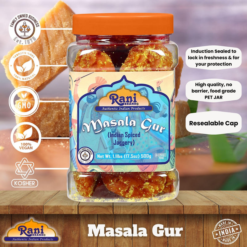 Rani Masala Gur (Jaggery) Indian Unrefined Raw Cane Sugar 17.5oz (1.1lbs) 500g PET Jar ~ Gluten Friendly | Vegan | NON-GMO | Kosher | No Salt or fillers