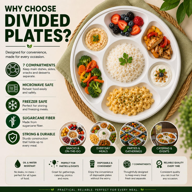 Rani 7 Compartment Round Biodegradable Divided Plates, Pack of 200 ~ Party, Thali, Buffet | Disposable & Eco-Friendly | Heavy-Duty Sturdy Paper Bagasse | Premium Quality | 11" Diameter, 1.38" Height