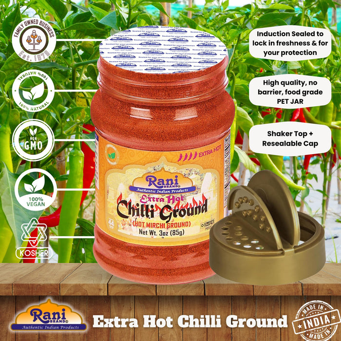 Rani Extra Hot Chilli Powder Indian Spice 3oz (85g) PET Jar ~ All Natural | Salt-Free | Vegan | No Colors | Gluten Friendly | NON-GMO | Kosher | Indian Origin