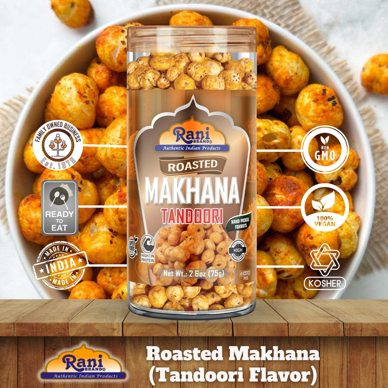 Rani Roasted Makhana (Fox Nut/Popped Lotus Seed) Tandoori Flavor 2.6oz (75g) Ready to eat, Hand Picked Foxnuts ~ High in Protein | Vegan | Gluten Friendly | NON-GMO | Kosher | Indian Origin