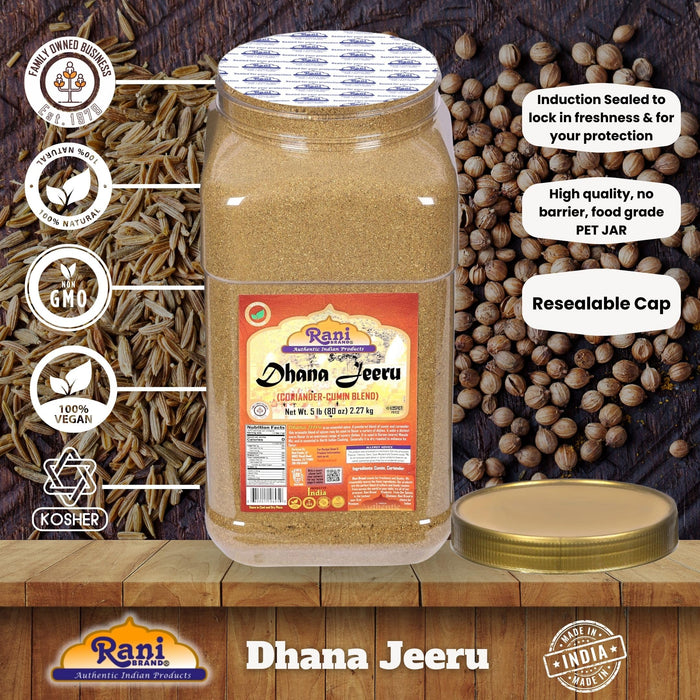 Rani Dhana-Jeeru (Coriander-Cumin Blend 50-50) Powder 80oz (5lbs) 2.27kg PET Jar ~ All Natural | Vegan | Gluten Friendly | Non-GMO | Kosher | Indian Origin