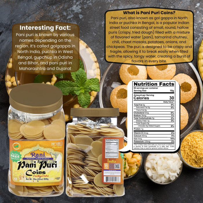 Rani Pani Puri Coins (Uncooked, Microwaveable Wheat Semolina Coins) 32oz (2lbs) 908g w/ Pani Puri Masala (14-Spice Blend for Indian Spicy Water) 1.75oz (50g) ~ All Natural | Vegan | NON-GMO | Kosher