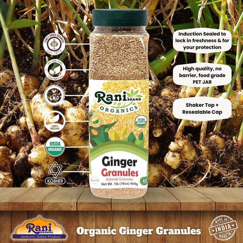 Rani Organic Granulated Ginger (Adarak Granules) 16oz (1lb) 454g PET Jar ~ All Natural | Gluten Friendly | Vegan | NON-GMO | Kosher | No Salt or fillers | Indian Origin | USDA Certified Organic