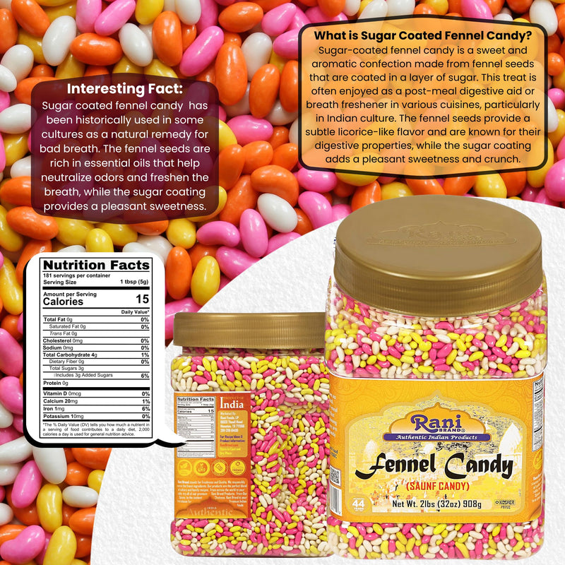 Rani Sugar Coated Fennel Candy 2lbs (32oz) 908g Bulk, PET Jar ~ Indian After Meal Digestive Treat | Vegan | Gluten Friendly | NON-GMO | Kosher | Indian Origin