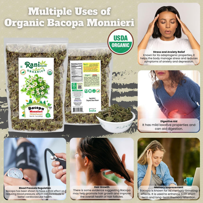 Rani Organic Bacopa Monnieri (Waterhyssop) 7oz (200g) ~ All Natural | No Color | Gluten Friendly | Vegan | Non-GMO | Kosher | No Salt or fillers | Indian Origin | USDA Organic Certified
