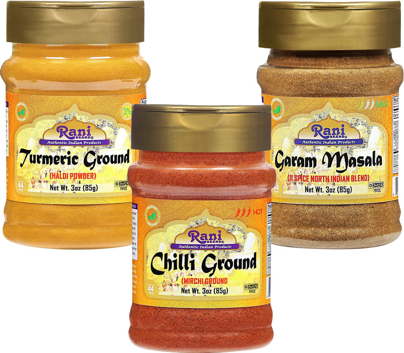 Rani Turmeric Powder, Chilli Powder, Garam Masala 3oz (85g) PET Jar Combo Pack of 3 ~ All Natural | | 100% Pure, Salt Free | Vegan | Gluten Friendly | NON-GMO | Indian Origin