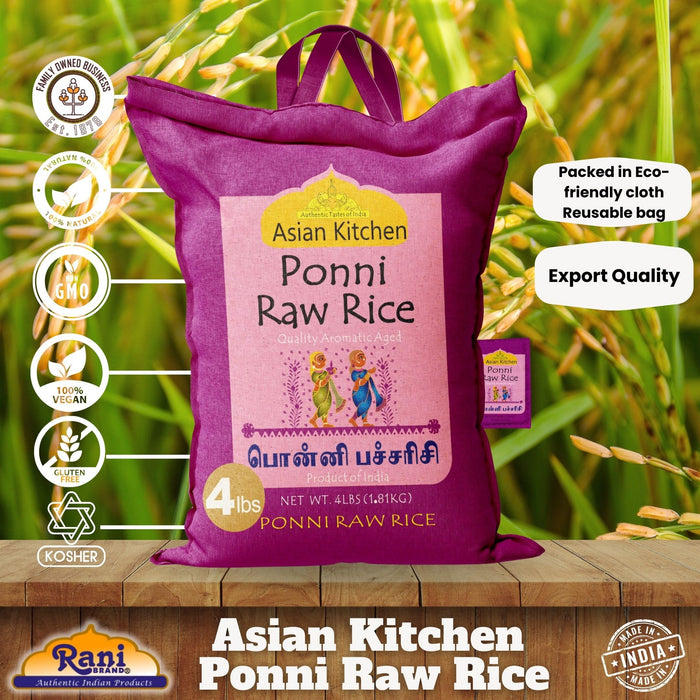 Asian Kitchen Ponni Raw Rice 4-Pound Bag, 4lbs (1.81kg) Short Grain Rice ~ All Natural | Gluten Friendly | Vegan | Indian Origin | Export Quality