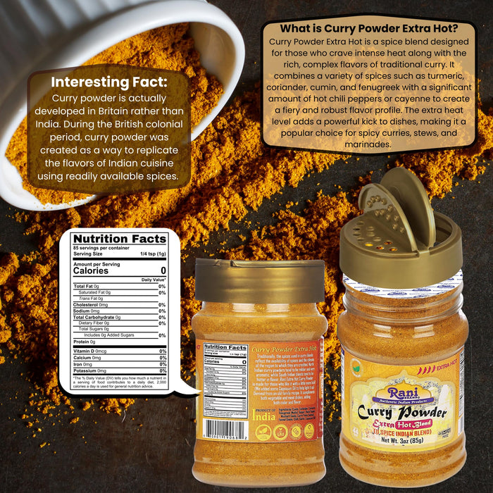 Rani Curry Powder EXTRA HOT Natural 11-Spice Blend 3oz (85g) PET Jar ~ Salt Free | Vegan | Gluten Friendly | NON-GMO | Kosher | Indian Origin