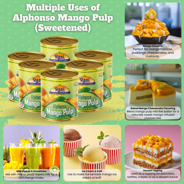 Rani Mango Pulp Puree (Makes Mango Lassi Shakes) Alphonso Sweetened 30oz (1.875lbs) 850g Pack of 6 ~ Kosher | All Natural | NON-GMO | Vegan | No colors | Gluten Friendly | Indian Origin
