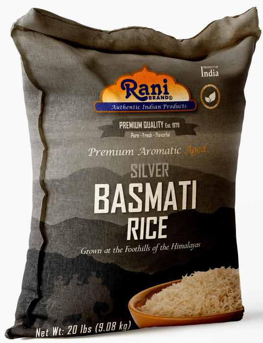 Rani Silver White Basmati Rice Extra Long Aged 20-Pound Bag, 320oz (20lbs) 9.08kg ~ All Natural | Gluten Friendly | Vegan | Indian Origin | Kosher | Export Quality