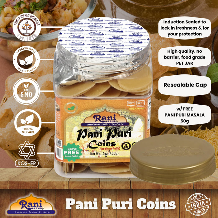 Rani Pani Puri Coins (Uncooked, Microwaveable Wheat Semolina Coins) 14oz (400g) w/Pani Puri Masala (14-Spice Blend for Indian Spicy Water) 1.75oz (50g) ~ All Natural | Vegan | NON-GMO | Kosher