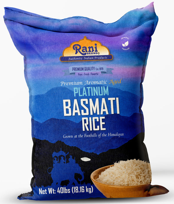 Rani Platinum White Basmati Rice Extra Long Aged 40-Pound Bag, 640oz (40lbs) 18.16kg ~ All Natural | Gluten Friendly | Vegan | Indian Origin | Kosher | Export Quality