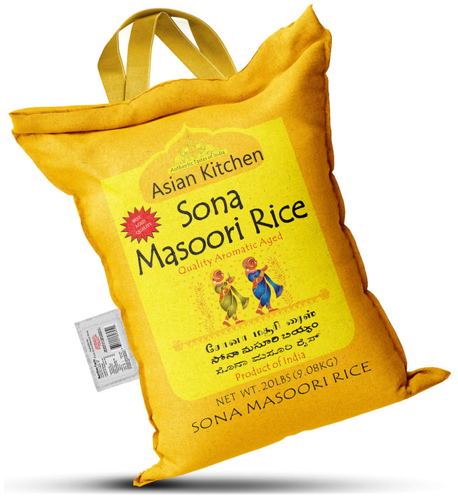 Asian Kitchen White Sona Masoori Aged Rice 20lbs (9.08kg) Short Grain Rice ~ All Natural | Gluten Friendly | Vegan | Indian Origin | Export Quality
