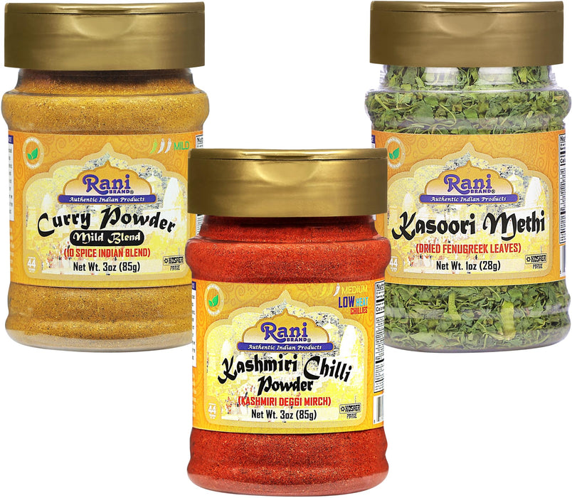 Rani Curry Powder Mild 3oz (85g), Kashmiri Chilli Powder 3oz (85g), Kasoori Methi 1oz (28g) PET Jar Combo Pack of 3 ~ All Natural | Vegan | Gluten Friendly | NON-GMO | Indian Origin