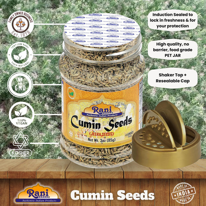 Rani Cumin Seeds Whole (Jeera) Spice 3oz (85g) PET Jar ~ All Natural | Gluten Friendly | NON-GMO | Vegan | Kosher | Indian Origin