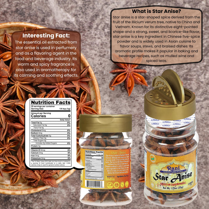 Rani Star Anise Seeds, Whole Pods (Badian Khatai) Spice 1.25oz (35g) PET Jar ~ All Natural | Gluten Friendly | NON-GMO | Vegan | Kosher | Indian Origin