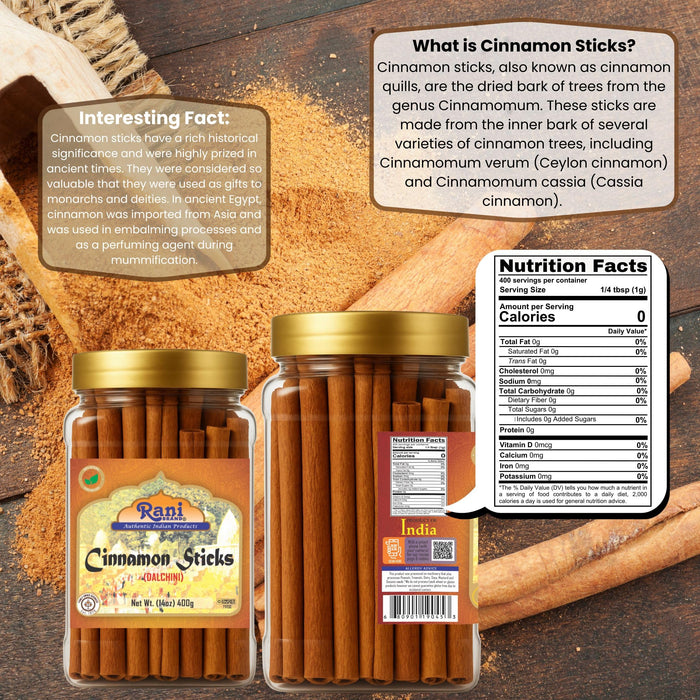 Rani Cinnamon Sticks 14oz (400g) PET Jar - 72-88 Sticks - Strong Aroma, Perfect for Baking, Cooking & Beverages | 3+ Inches Length - Cassia Saigon Cinnamon from Vietnam | Kosher