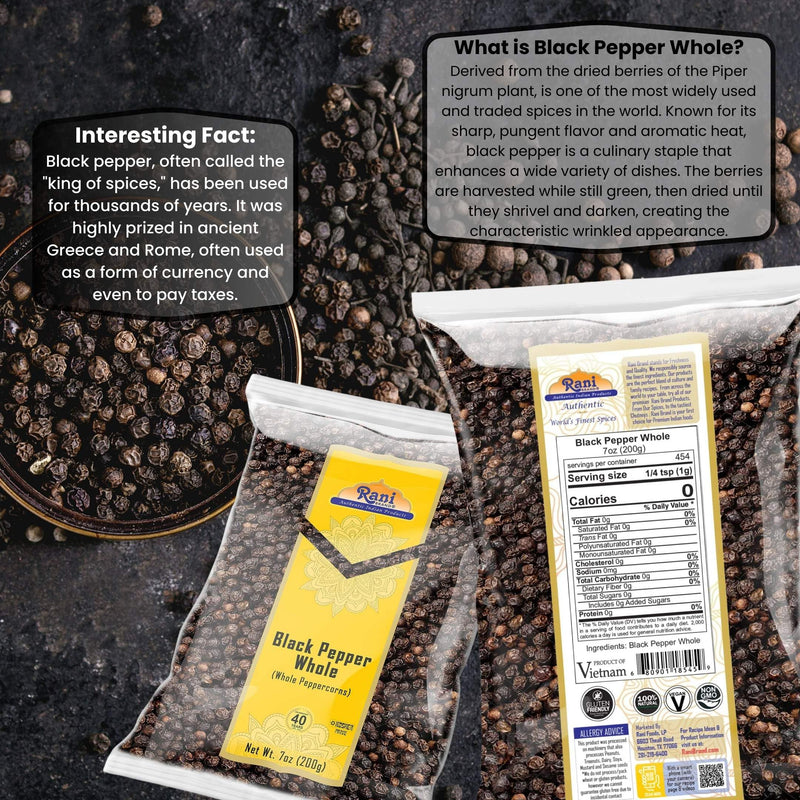 Rani Black Pepper Whole (Peppercorns), Premium Bold Tellicherry Quality 7oz (200g) ~ All Natural | Gluten Friendly | Non-GMO | Kosher | Product of Vietnam | Perfect size for Grinders!