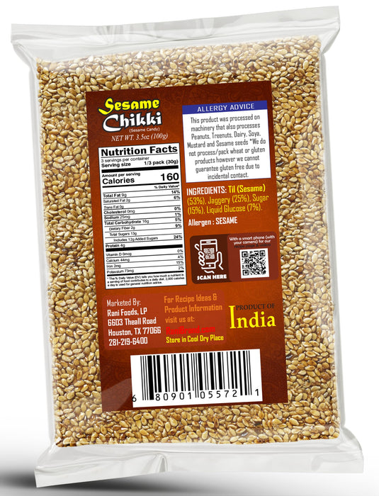 Rani Sesame Chikki (Brittle Candy) 100g (3.5oz) x Pack of 10 ~ All Natural | Vegan | Kosher | No colors | Gluten Friendly | Indian Origin