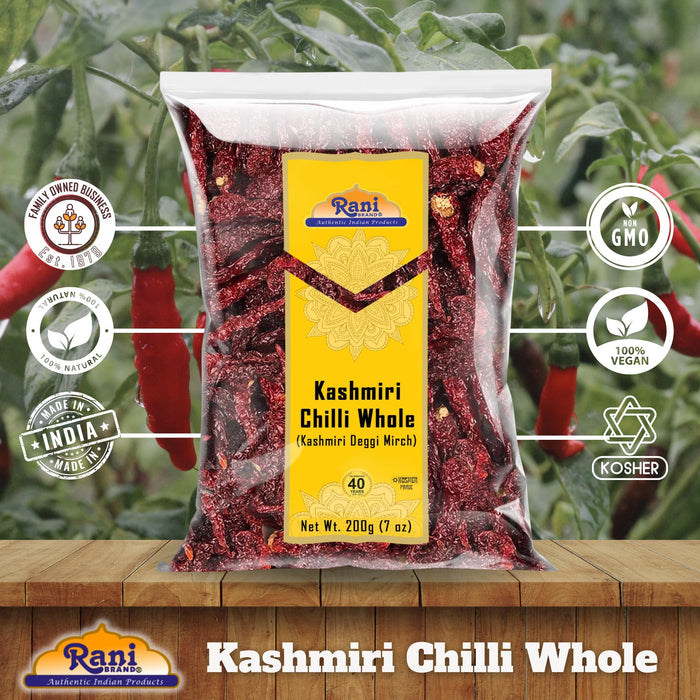 Rani Kashmiri Chilli Whole (Deggi Mirch, Low Heat) 7oz (200g) ~ Natural | Salt-Free | Vegan | No Colors | Gluten Friendly | NON-GMO | Kosher | Indian Origin