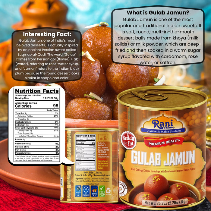Rani Gulab Jamun Round (w/ Cardamom Flavored Sugar Syrup) 35.3oz (2.2lbs) 1kg Pack of 18, Approximately 14 pieces, Easy Open Lid ~ Ready to eat | Non-GMO | Kosher | Indian Origin