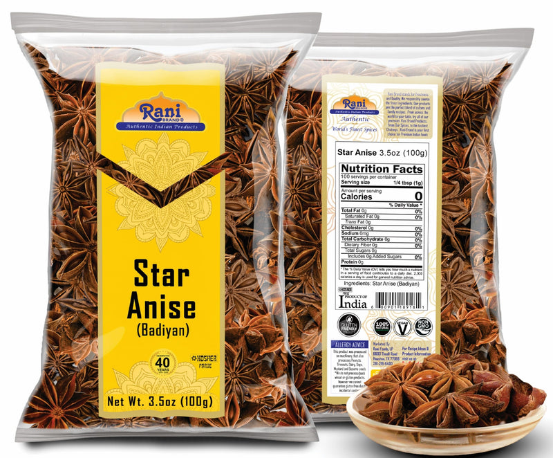 Rani Star Anise Seeds, Whole Pods (Badian Khatai) Spice 3.5oz (100g) ~ All Natural | Gluten Friendly | Kosher | Vegan | Whole Chinese Anise Star Sun Dried Spice, Anis Estrella / Illicium Verum, Widely Used for Baking, Drinks, Cooking, and Tea