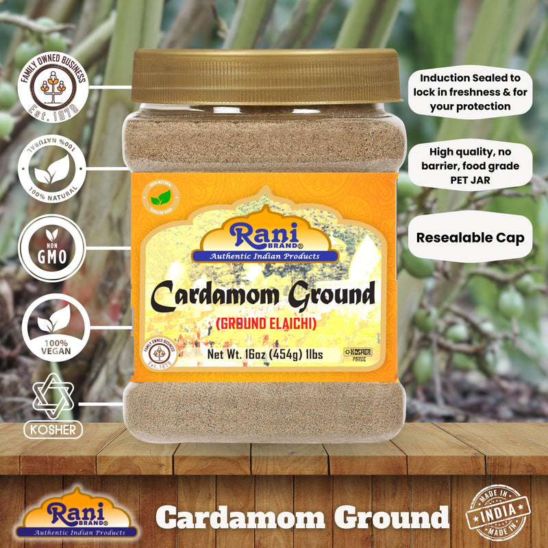 Rani Cardamom (Elachi) Ground, Powder Indian Spice 16oz (1lb) 454g PET Jar ~ All Natural | No Color Added | Gluten Friendly | Vegan | NON-GMO | Kosher | No Salt or Fillers