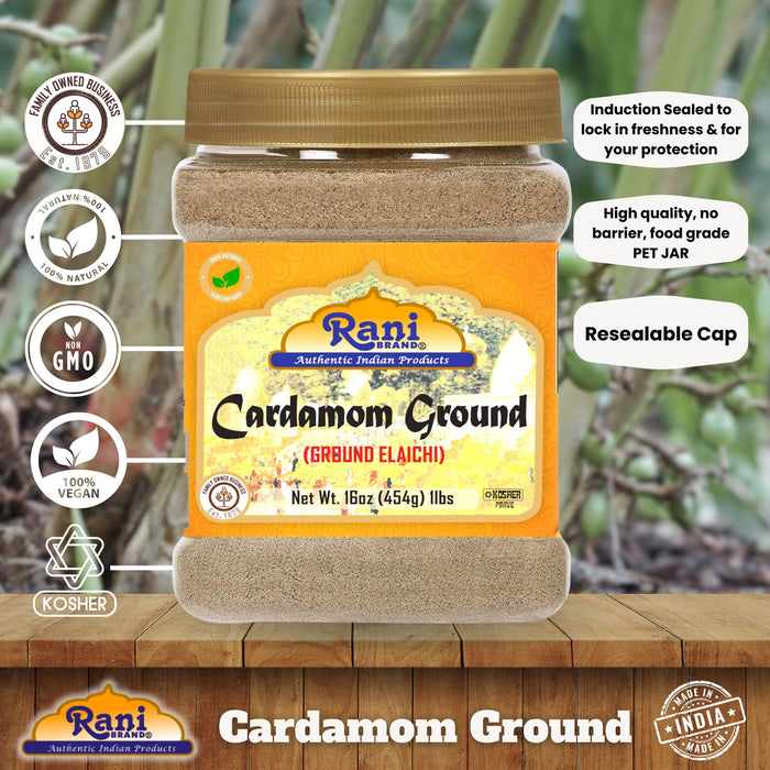 Rani Cardamom (Elachi) Ground, Powder Indian Spice 16oz (1lb) 454g PET Jar ~ All Natural | No Color Added | Gluten Friendly | Vegan | NON-GMO | Kosher | No Salt or Fillers