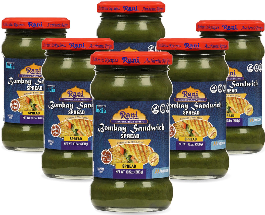 Rani Bombay Sandwich Spread, Mild (Mint & Coriander) 10.5oz (300g) Glass Jar, Ready to Eat, Pack of 5+1 FREE ~ Vegan | Gluten Free | NON-GMO | Kosher