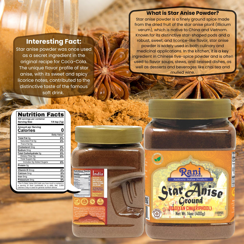 Rani Star Anise Powder (Badian Khatai) Ground Spice 14oz (400g) PET Jar ~ All Natural | Gluten Friendly | NON-GMO | Kosher | Vegan | Indian Origin