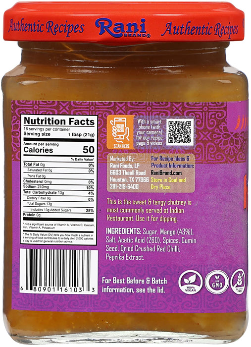 Rani Hot Mango Chutney (Spicy Indian Preserve) 12.3oz (350g) Glass Jar, Pack of 2, Ready to eat, Vegan ~ Gluten Free, All Natural, NON-GMO, Kosher