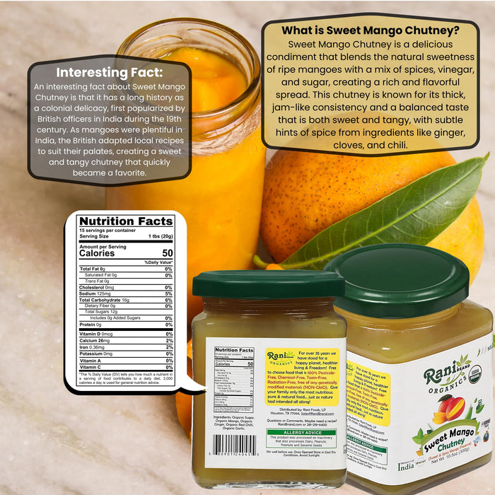 Rani Organic Sweet Mango Chutney (Indian Preserve) 10.5oz (300g) Glass Jar, Ready to eat ~ All Natural | Vegan | Gluten Free | No Colors | NON-GMO | Kosher | Indian Origin | USDA Certified Organic