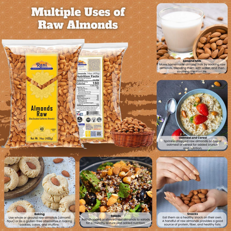 Rani Almonds, Raw Whole With Skin 14oz (400g) ~ All Natural | Vegan | Kosher | Gluten Friendly | Fresh Product of USA ~ California Shelled Almonds