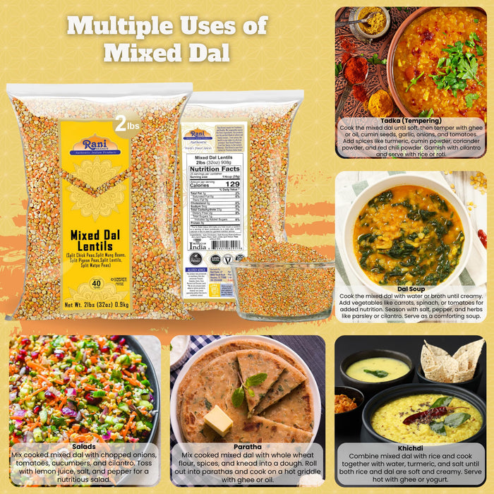 Rani Mixed Dal (Chana Dal, Moong Dal, Toor Dal, Masoor Dal, Urad Dal) 32oz (2lbs) 908g ~ All Natural | Gluten Friendly | NON-GMO | Kosher | Vegan | Indian Origin